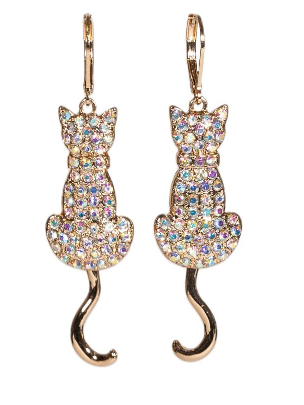 Bella Jack Gold Rhinestone Cat Earrings Articulated Swinging Tail NWOT